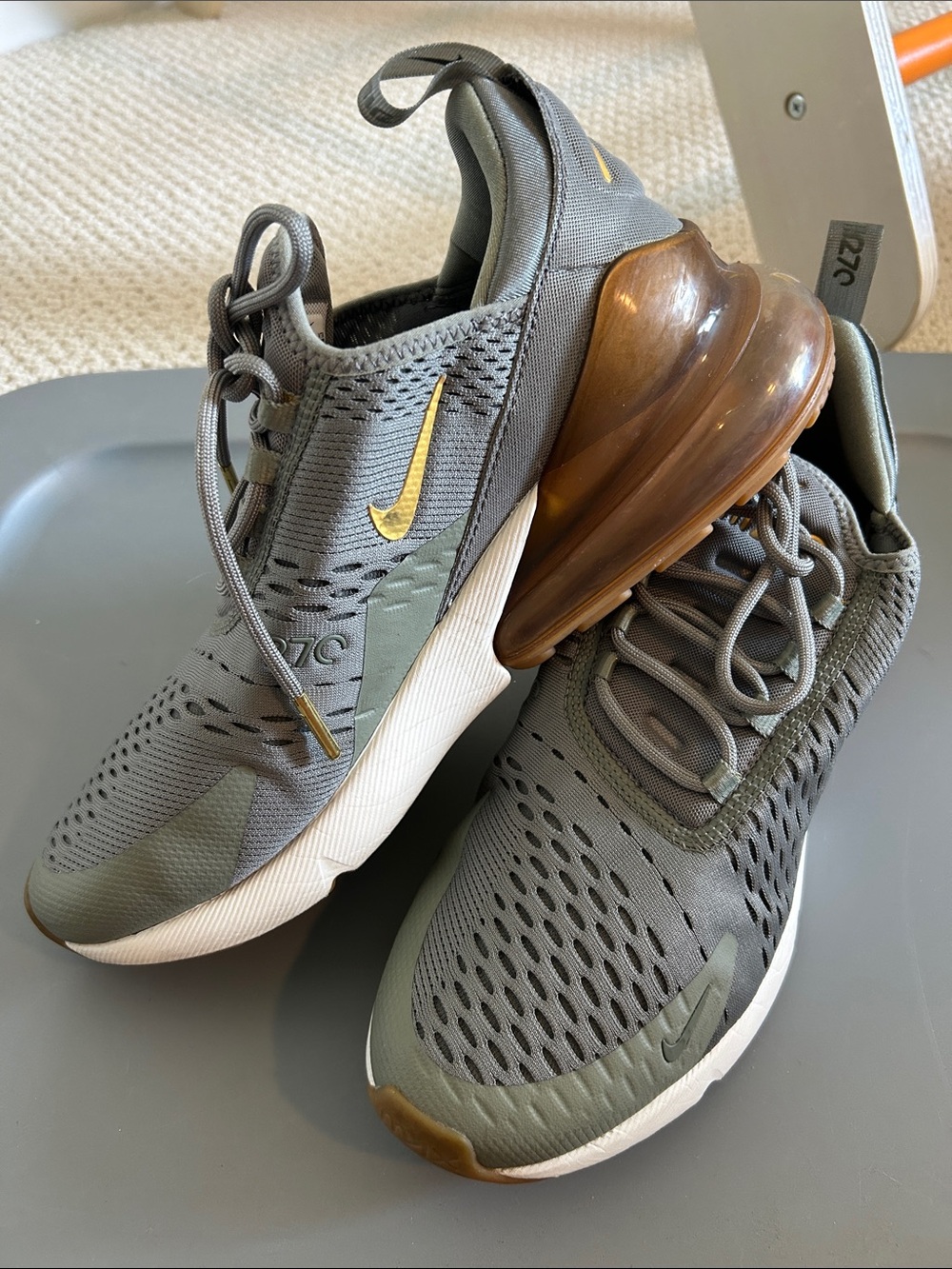 Nike women’s Air 270 Athletic Sneakers - Olive Green with Gold Swoosh